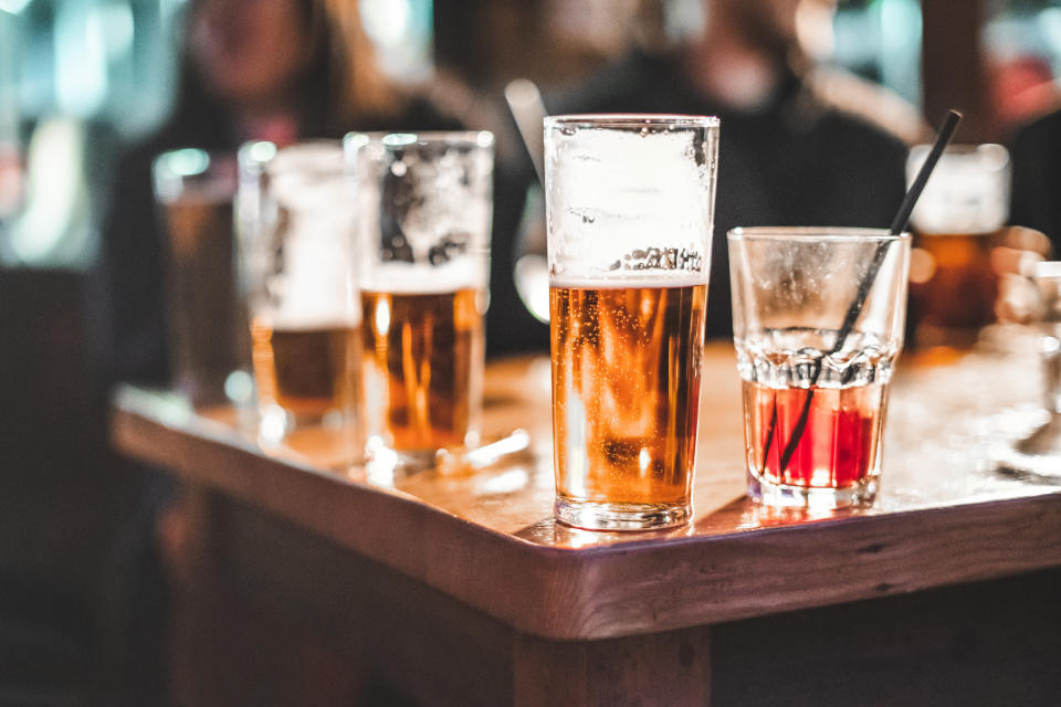 Close-up of drinks on a table.