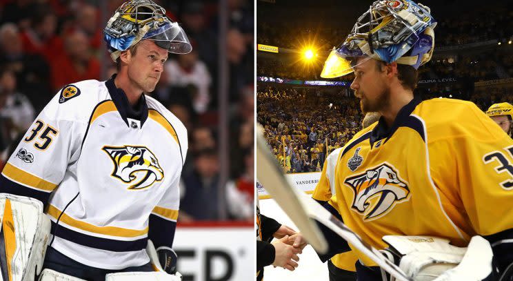 Pekka Rinne during Game 1 against the Blackhawks (Jonathan Daniel/Getty) vs. Pekka Rinne after Game 6 of the Stanley Cup Final (Bruce Bennett/Getty).