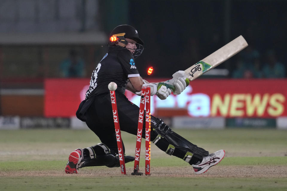 New Zealand's Tom Latham is bowled out by Pakistan's Mohammad Wasim during the third one-day international cricket match between Pakistan and New Zealand, in Karachi, Pakistan, Wednesday, May 3, 2023. (AP Photo/Fareed Khan)