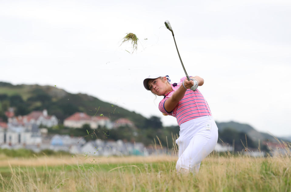 <p>CONWY, WALES - AUGUST 23: Rachel Kuehn of Team USA plays a shot during a practice round ahead of the Curtis Cup at Conwy Golf Club on August 23, 2021 in Conwy, Wales. (Photo by Jan Kruger/R&A/R&A via Getty Images)</p>

