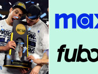 A collage with the Villanova Wildcats celebrating the national title and the Max and FuboTV logos.