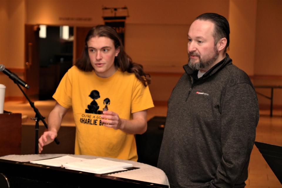 Benjamin Blankenship, left, and Eric Mosley practice a song from the musical "Nunsense A-Men" during a rehearsal on Tuesday, March 14, 2023, at the Palace Theatre's May Pavilion. The show will run Thursday, March 30 through Sunday, April 2 at the May Pavilion.