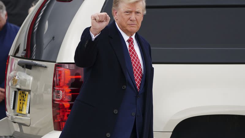 Former U.S. president Donald Trump arrives at Aberdeen International Airport ahead of his visit to the Trump International Golf Links Aberdeen, in Dyce, Aberdeen, Scotland, Monday, May 1, 2023.