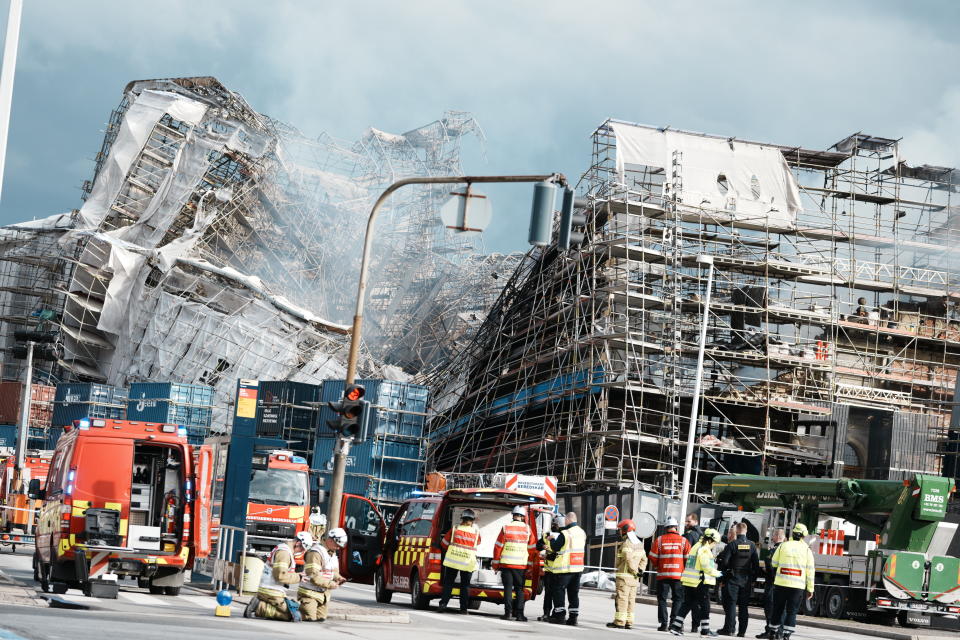 FILE - The outer wall of the Stock Exchange has collapsed towards Boersgade, after a fire raged through the building, in Copenhagen, Thursday, April 18, 2024. As fire tore through Copenhagen’s Old Stock Exchange in mid-April, some heroically rushed toward the flames and emerged carrying paintings, sculptures, and other important items from Denmark’s cultural heritage. (Thomas Traasdahl/Ritzau Scanpix via AP, File)