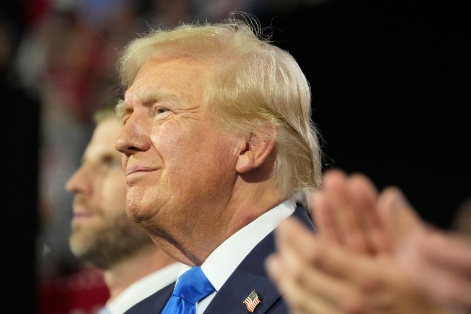 Former President Donald Trump during the second day of the Republican National Convention at the Fiserv Forum in Milwaukee, Wisconsin. The second day of the RNC focused on crime and border policies