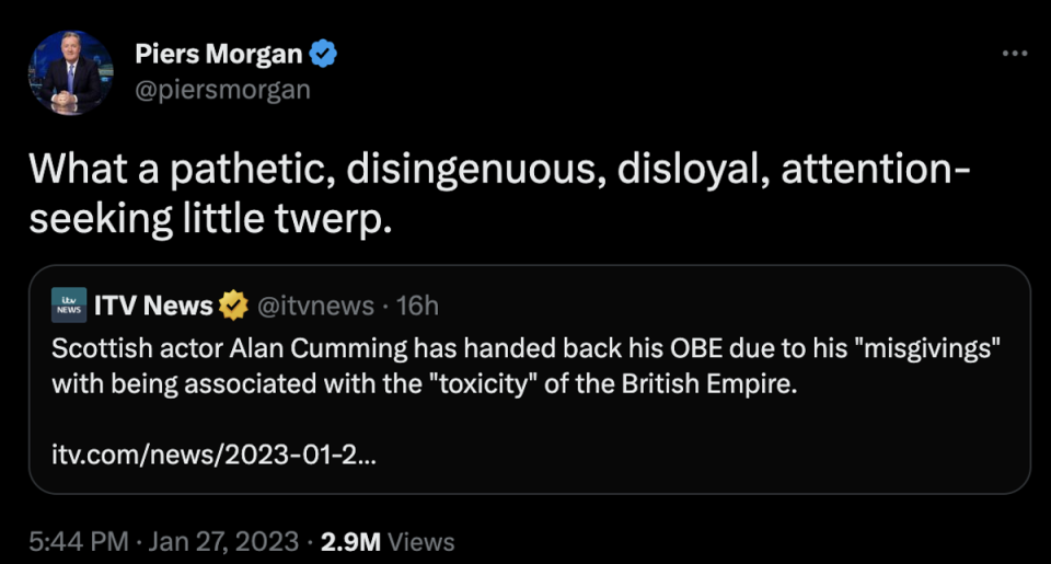 Piers Morgan wasn’t impressed with Alan Cumming’s OBE decision (Twitter)