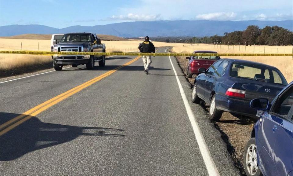 Crime tape blocks off Rancho Tehama Road.