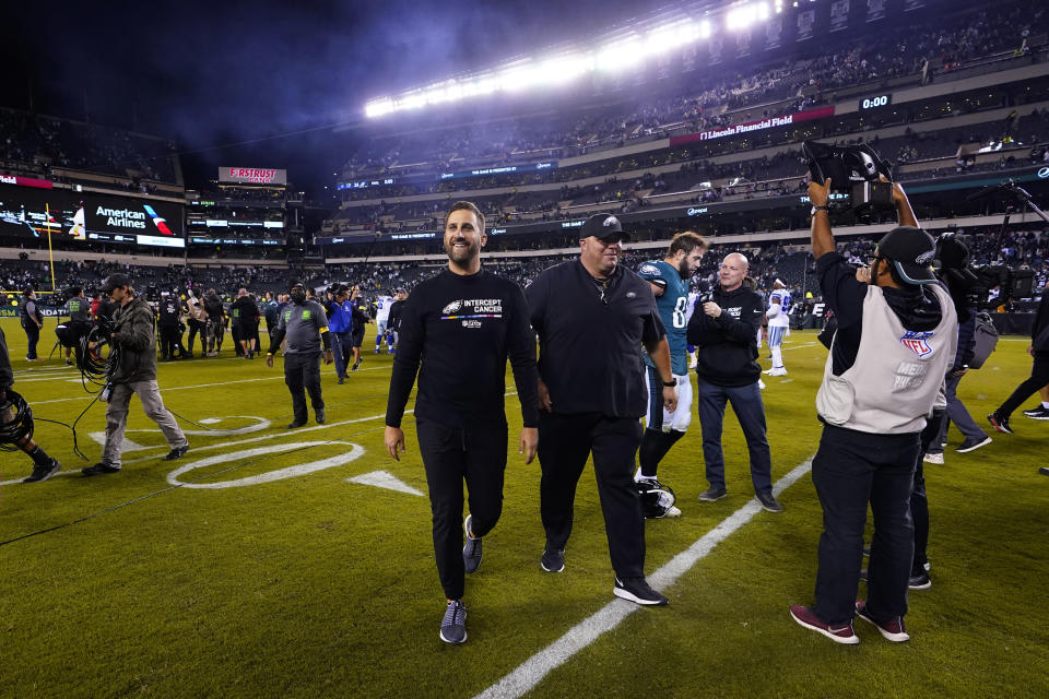 Philadelphia Eagles' Nick Sirianni leaves the field after defeating the Dallas Cowboys in an NFL football game Sunday, Oct. 16, 2022, in Philadelphia. (AP Photo/Matt Rourke)