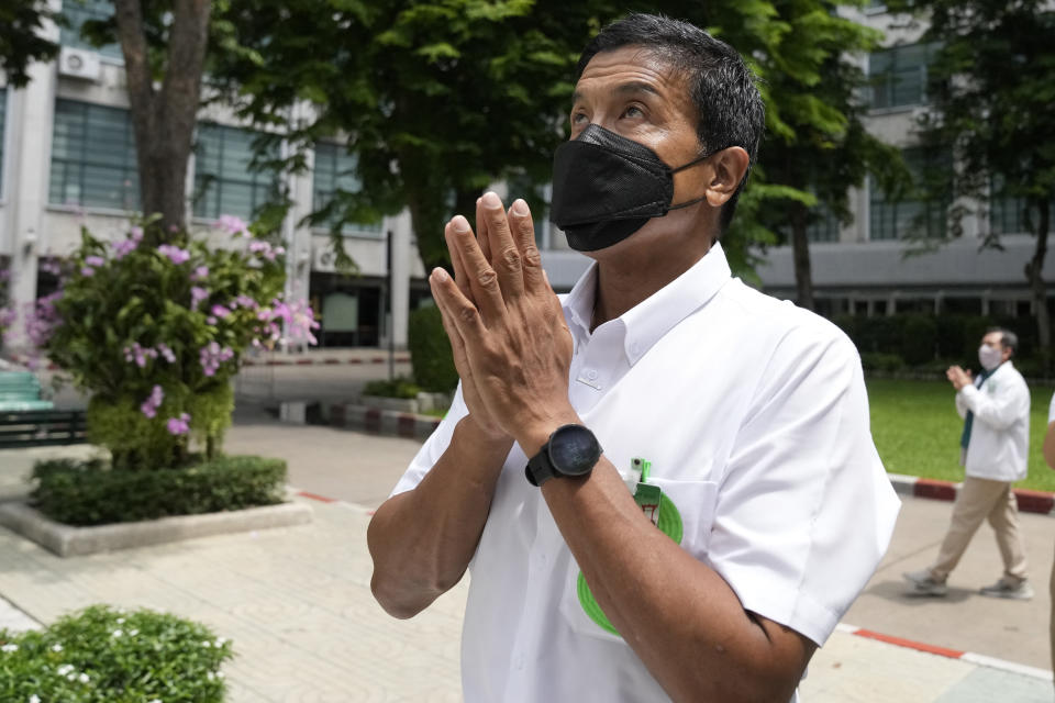 Bangkok governor independent candidate Chadchart Sittipunt prays to a Buddhist statue during an election campaign in Bangkok, Thailand, Tuesday, May 17, 2022. Residents of the Thai capital Bangkok will cast their ballots for the city’s leader Sunday in a vote seen as a barometer of the public mood ahead of an approaching general election. (AP Photo/Sakchai Lalit)