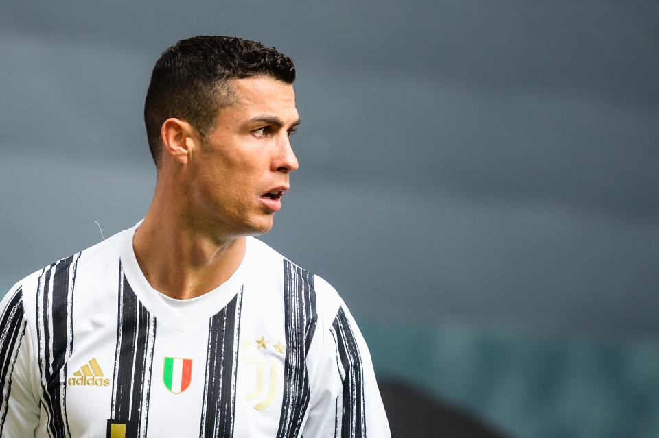 TURIN, PIEDMONT, ITALY - 2021/04/11: Cristiano Ronaldo of Juventus FC smiles during the Serie A football match between Juventus and Genoa CFC. Sporting stadiums around Italy remain under strict restrictions due to the Coronavirus Pandemic as Government social distancing laws prohibit fans inside venues resulting in games being played behind closed doors. Juventus won 3-1 over Genoa. (Photo by Alberto Gandolfo/Pacific Press/LightRocket via Getty Images)