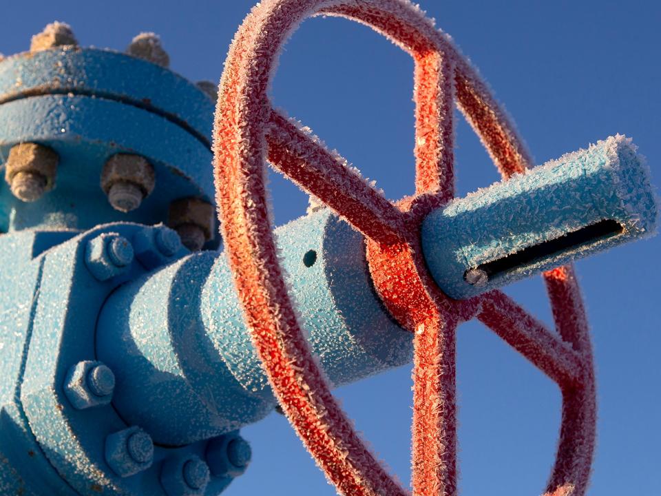 A valve control wheel on a crude oil pipe in Russia.