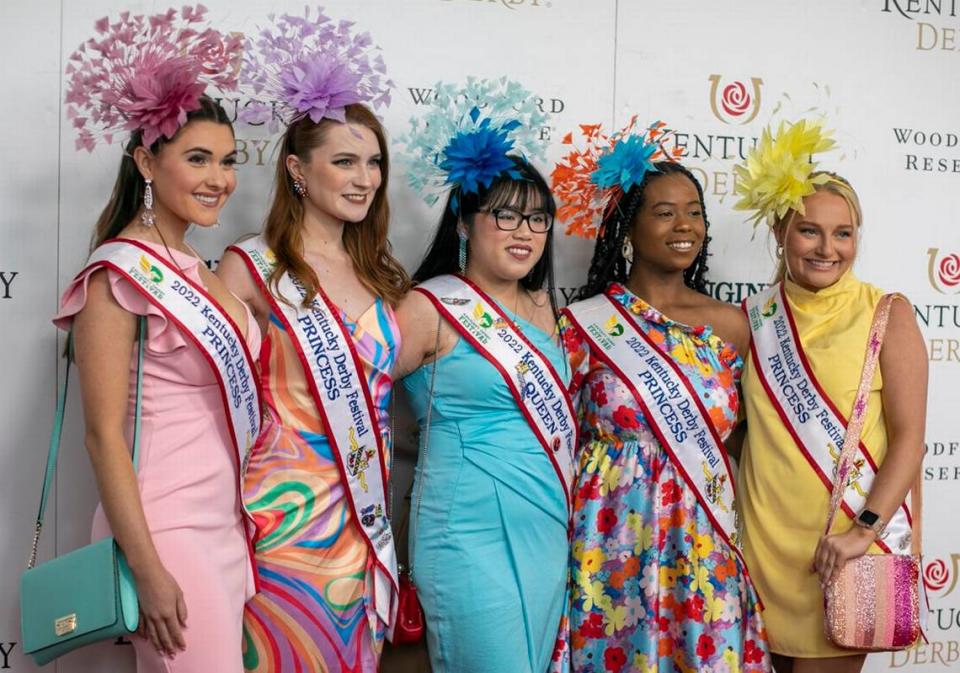 The Derby Princess Court walks the red carpet at Churchill Downs in Louisville, Ky., Saturday, May 7, 2022.