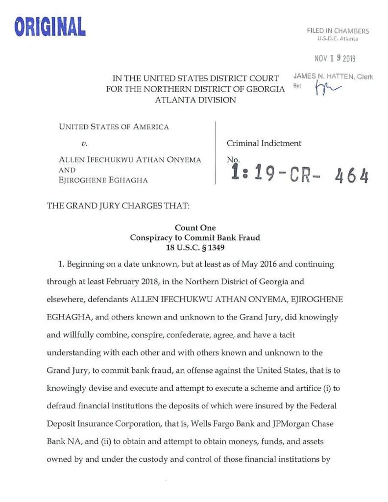 According to the DOJ announcement, over $44.9 million was allegedly transferred into Onyema’s Atlanta-based accounts from foreign sources between 2010 and 2018. Justice/usao-ndga