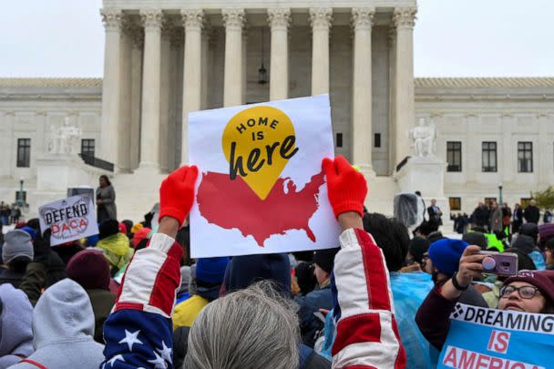 PHOTO:Demonstrators gather in front of the United States Supreme Court, where the Court is hearing arguments on Deferred Action for Childhood Arrivals in Washington, Nov. 12, 2019. (The Washington Post via Getty Images, FILE)