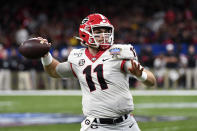 Georgia quarterback Jake Fromm (11) passes in the first half of the Sugar Bowl NCAA college football game against Baylor in New Orleans, Wednesday, Jan. 1, 2020. (AP Photo/Bill Feig)