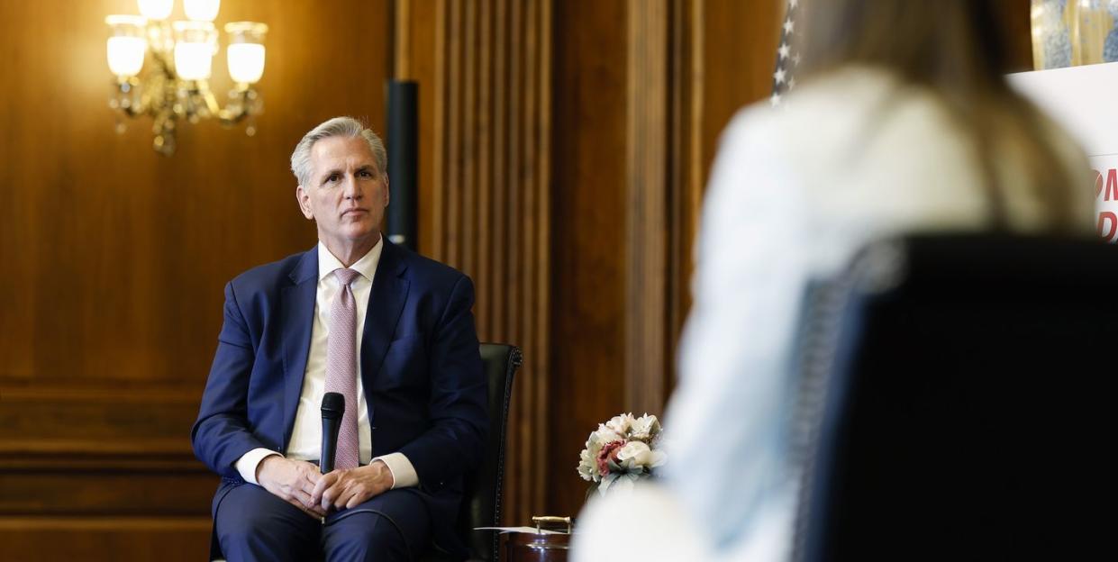 washington, dc february 01 speaker of the house kevin mccarthy r ca listens during a panel alongside female athletes at a girls and women's sports event at the us capitol building on february 01, 2023 in washington, dc during the event former high school and college athletes spoke about competing alongside trans women photo by anna moneymakergetty images