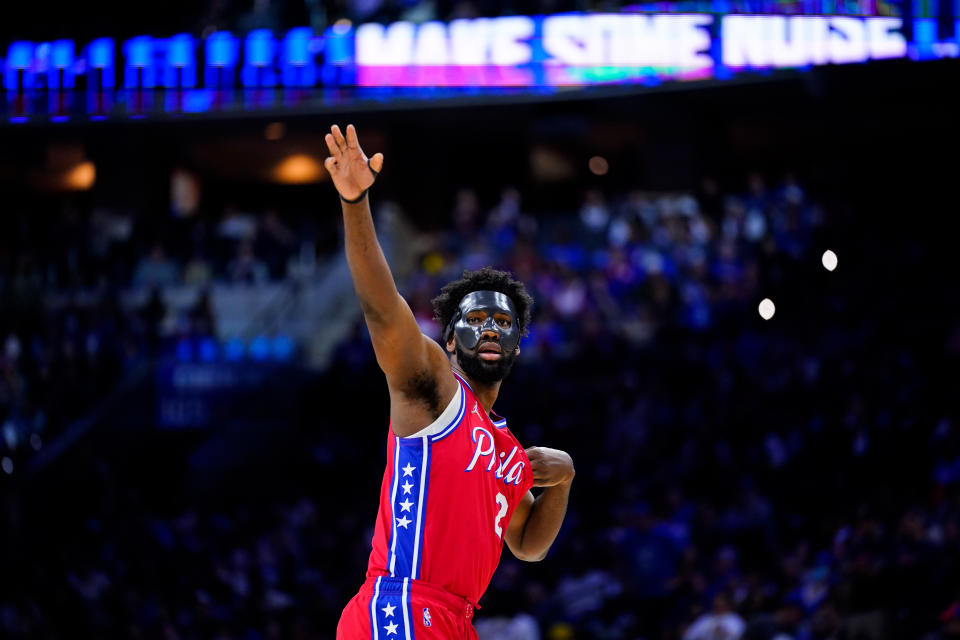 Philadelphia 76ers' Joel Embiid reacts during the second half of Game 4 of an NBA basketball second-round playoff series against the Miami Heat, Sunday, May 8, 2022, in Philadelphia. (AP Photo/Matt Slocum)