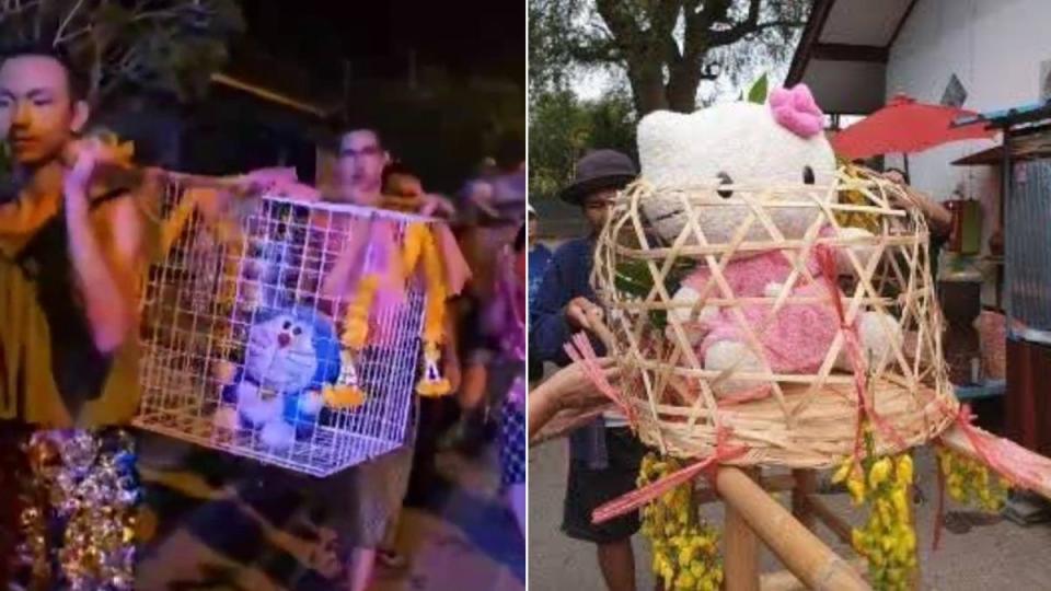 泰國民眾將哆啦A夢、凱蒂貓的玩偶放進籠子進行祈雨儀式，背後原因引發網友討論。（圖／翻攝自X@tkasasagi、@F_Anum_SKH）