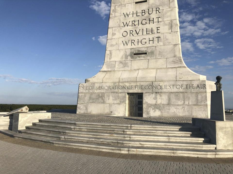 The National Park Service says a copper bust of aviation pioneer Orville Wright has been stolen from the Wright Brothers National Memorial in the Outer Banks of North Carolina. The Park Service and local law enforcement officials are investigating the case and are asking the public for any information. The agency in a statement says the monument was damaged either Saturday evening, Oct. 12, 2019 or Sunday morning. The granite base that the bust was mounted to was toppled and damaged. (The National Park Service via AP)