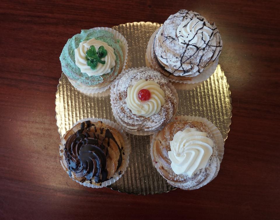 Varieties of zeppole you might find at Antonio's Bakery in Warwick include traditional, triple chocolate mousse, Irish cream, chocolate cream and strawberry cream.