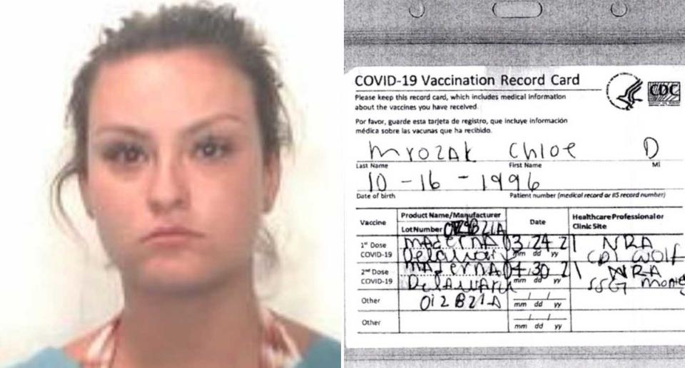 Chloe Mrozak, 24, pictured with a fake Covid-19 vaccination record card.