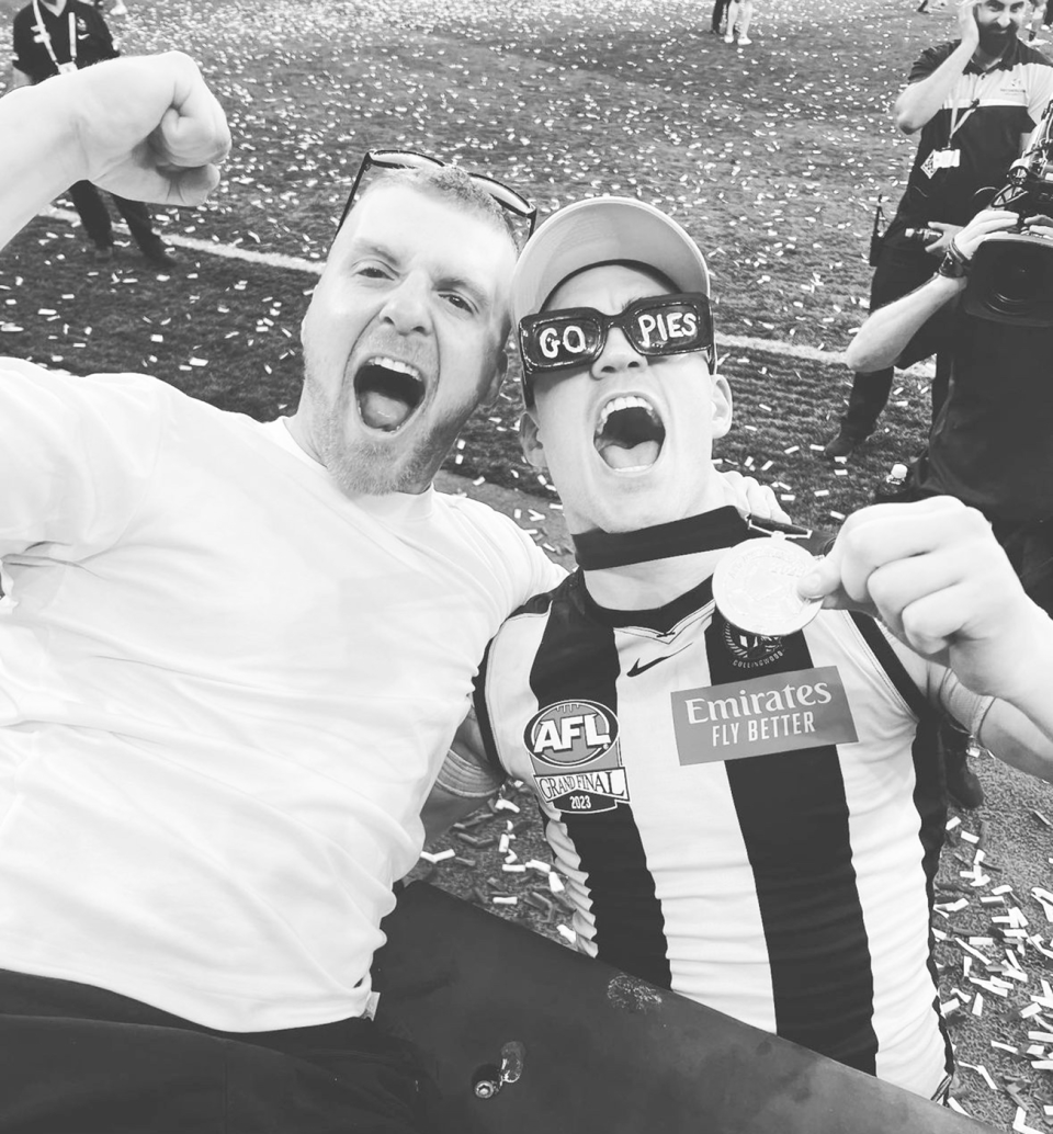 Conor Clarke (pictured left with Brayden Maynard) may be banned for life from attending AFL games. Image: Instagram