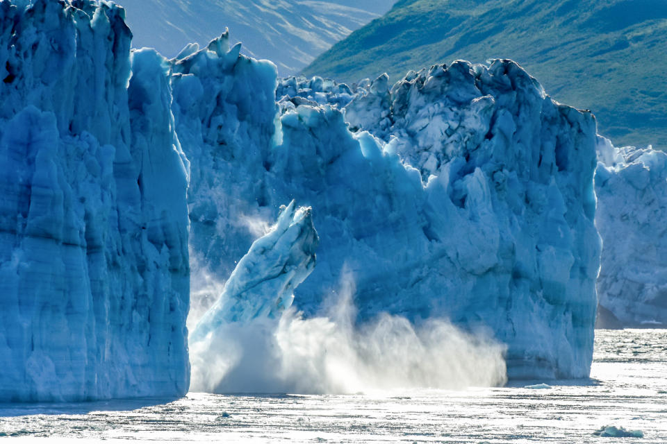 One of the most popular stops on an Alaskan cruise / Alaska vacation, Hubbard Glacier is a very active calving glacier. Unlike most glaciers, Hubbard is advancing vs. receding. Despite it's advancing status, this photo is often used to depict global warming and climate change as a massive piece of Hubbard glacier calves off into Disenchantment Bay