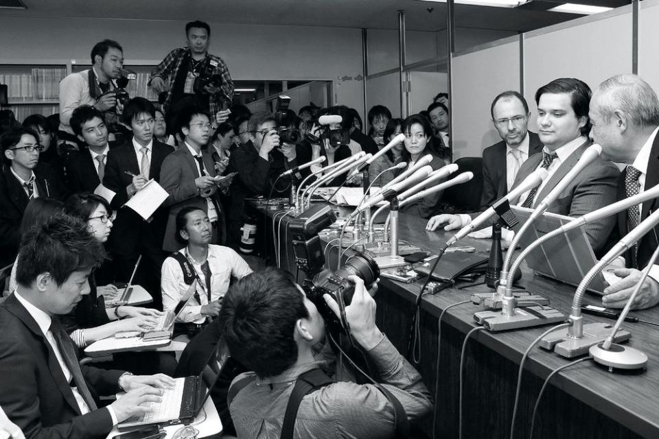 Mark Karpelès (second from right) announcing Mt. Gox’s bankruptcy in 2014.