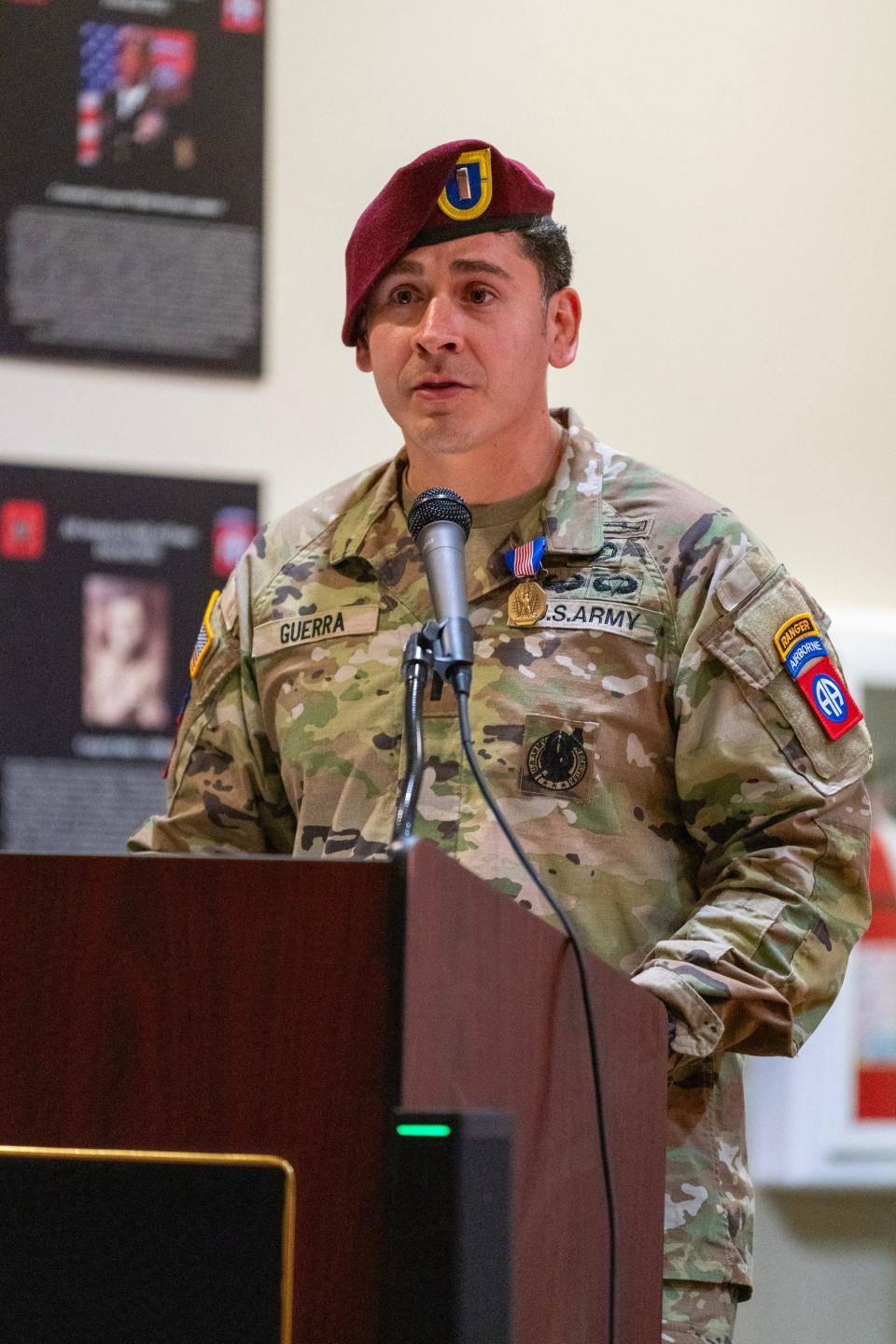 1st. Lt. Joseph Guerra speaks during a ceremony after receiving the Soldier's Medal during a ceremony Friday, Aug. 11, 2023, in the 82nd Airborne Division's Hall of Heroes at Fort Liberty.