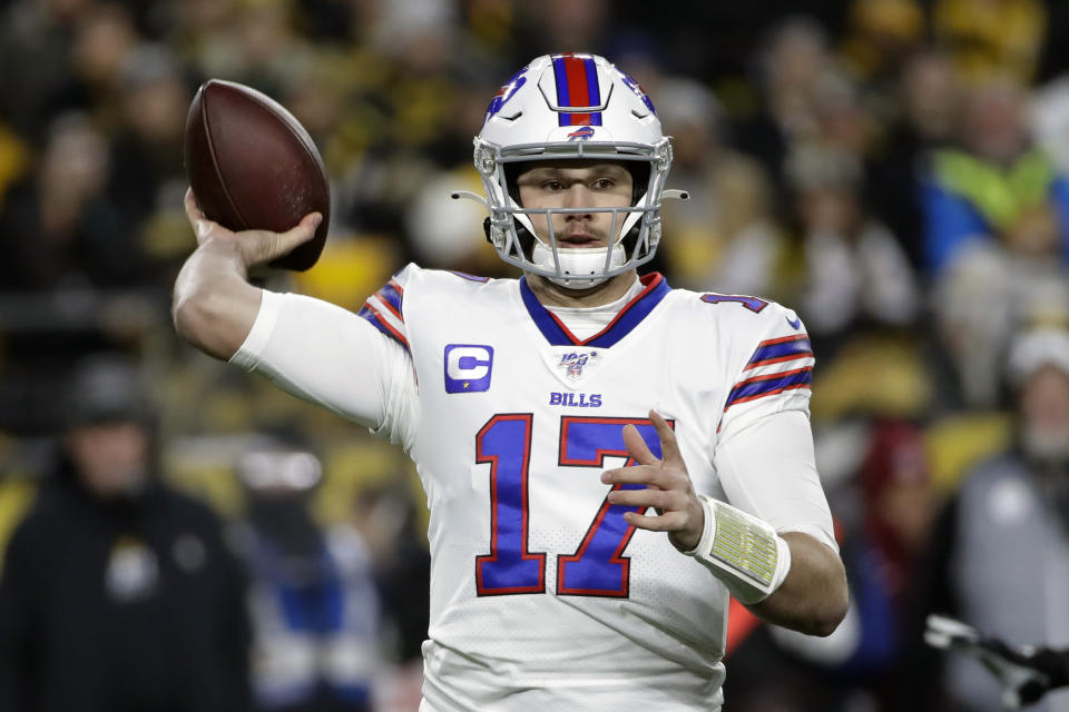 Buffalo Bills quarterback Josh Allen (17) throws a pass during the first half of an NFL football game against the Pittsburgh Steelers in Pittsburgh, Sunday, Dec. 15, 2019. (AP Photo/Don Wright)
