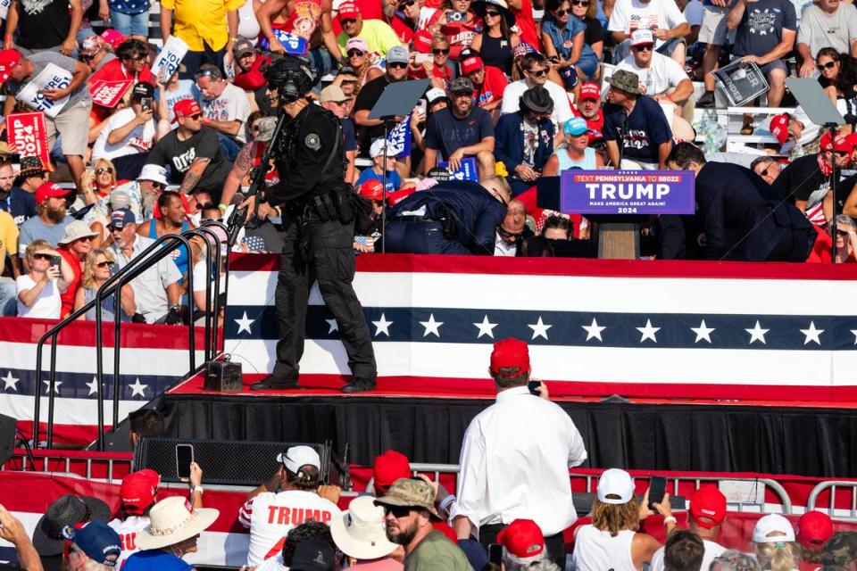Officer responds during a campaign event for Former President Donald Trump in Butler, Pa., on Saturday, July 13, 2024. A nationwide poll last month found that 10 percent of those surveyed said the “use of force is justified to prevent Donald Trump from becoming president.”