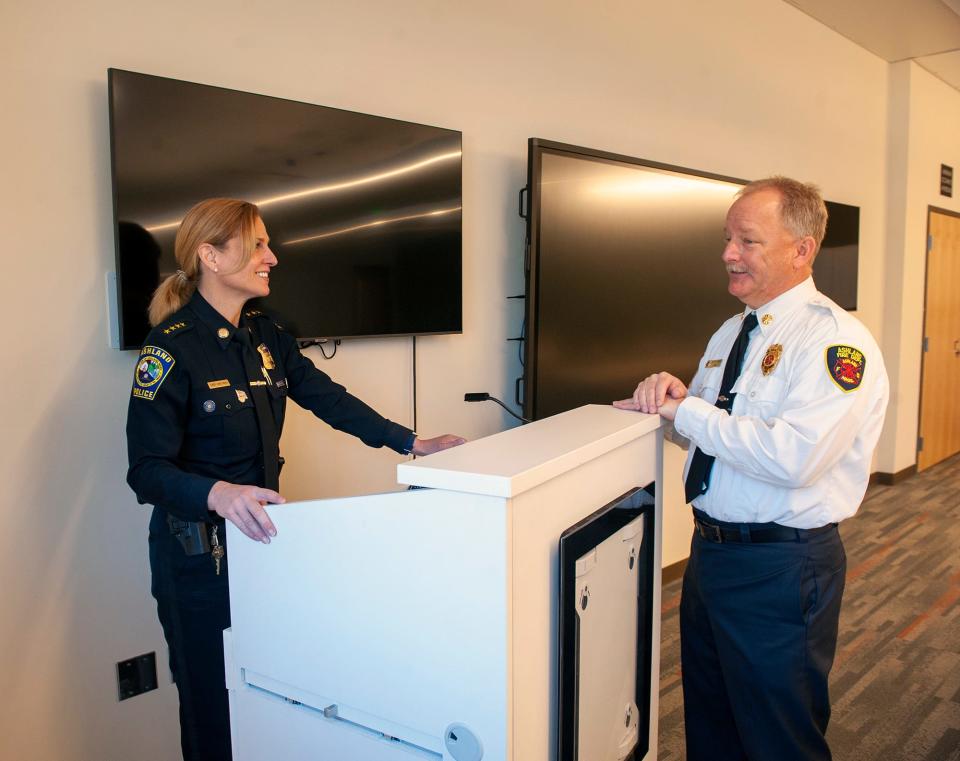 Ashland Police Chief Cara Rossi and Ashland Fire Chief Keith Robie in the training room in the new Ashland Public Safety Building at 12 Union St., April 3, 2023.