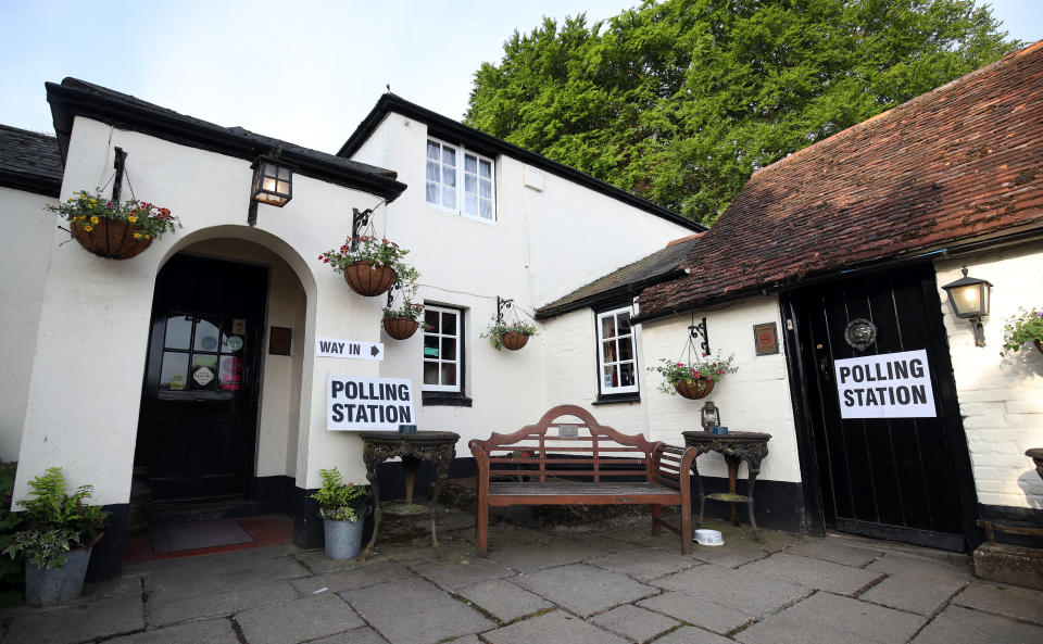 A general view of a polling station at the White Horse Inn in Priors Dean, Hampshire, also known as the 'Pub with no name', as voters head to the polls for the European Parliament election. (Photo by Andrew Matthews/PA Images via Getty Images)