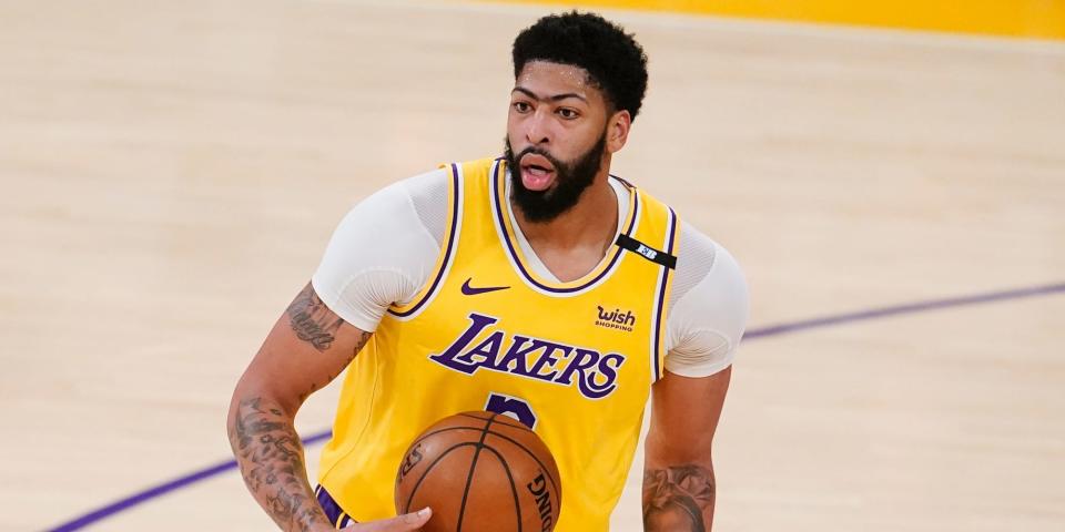 Anthony Davis reacts during a game in 2021.