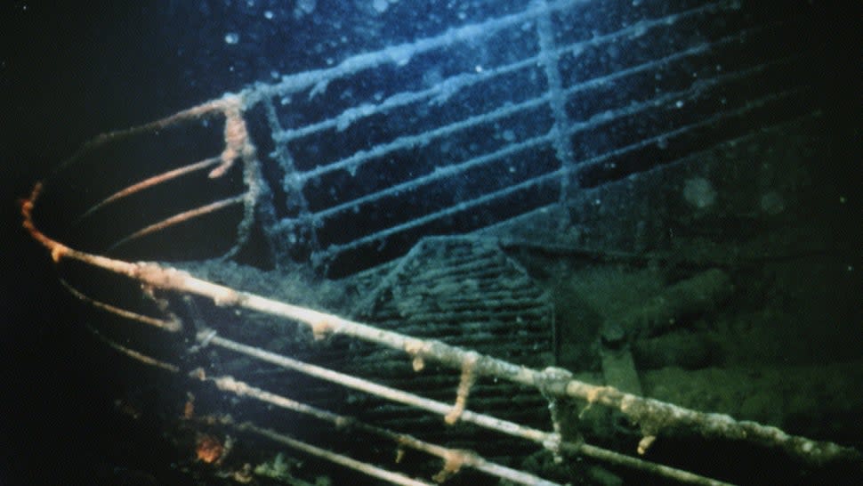 Titanic's bow covered in rusticles at its final resting place on the Atlantic Ocean's floor. 