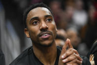 Atlanta Hawks guard Jeff Teague watches action against the Detroit Pistons while on the bench during the first half of an NBA basketball game Saturday, Jan. 18, 2020, in Atlanta. (AP Photo/John Amis)