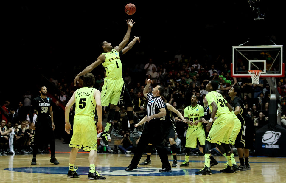 ALBUQUERQUE, NM - MARCH 17: The Baylor Bears tip-off against the Colorado Buffaloes to start the game during the third round of the 2012 NCAA Men's Basketball Tournament at The Pit on March 17, 2012 in Albuquerque, New Mexico. (Photo by Christian Petersen/Getty Images)