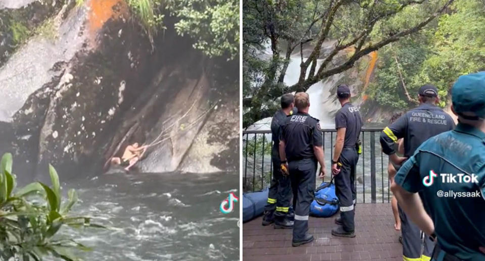 A photo of a young swimmer who got stuck on some rocks in a dangerous area at Josephine falls and had to be rescued by emergency services. Another photo of emergency services looking on as a rescue was being carried out.