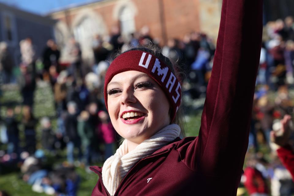 The UMass marching band performs at the annual Plymouth Thanksgiving Parade on Saturday, Nov. 20, 2021.