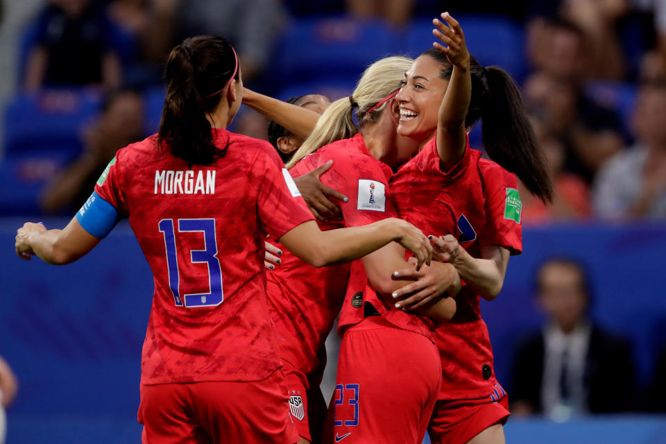 LYON, FRANCE - JULY 2: (L-R) Alex Morgan of USA Women, Lindsey Horan of USA Women, Christen Press of USA Women celebrate 1-0 during the  World Cup Women  match between England  v USA  at the Stade de Lyon on July 2, 2019 in Lyon France (Photo by Eric Verhoeven/Soccrates/Getty Images)