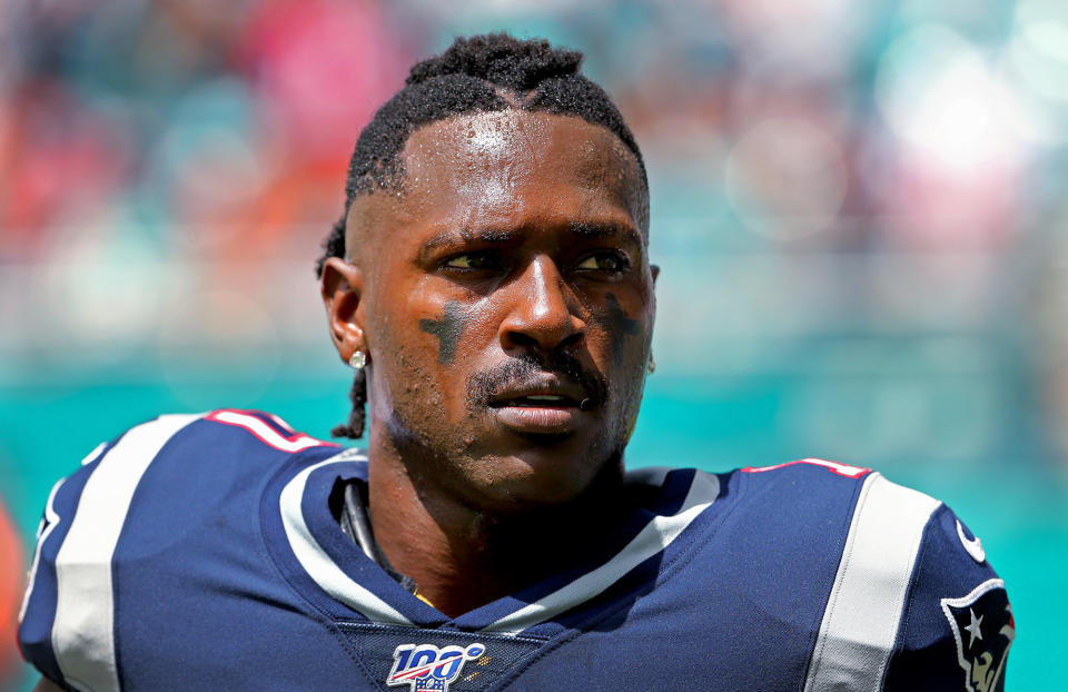 New England Patriots wide receiver Antonio Brown looks on before the start of a game against the Miami Dolphins at Hard Rock Stadium in Miami Gardens, Fla., on September 15 2019. (David Santiago/Miami Herald/Tribune News Service via Getty Images)