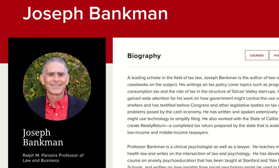Screen cap of Joseph Bankman bio at Stanford University