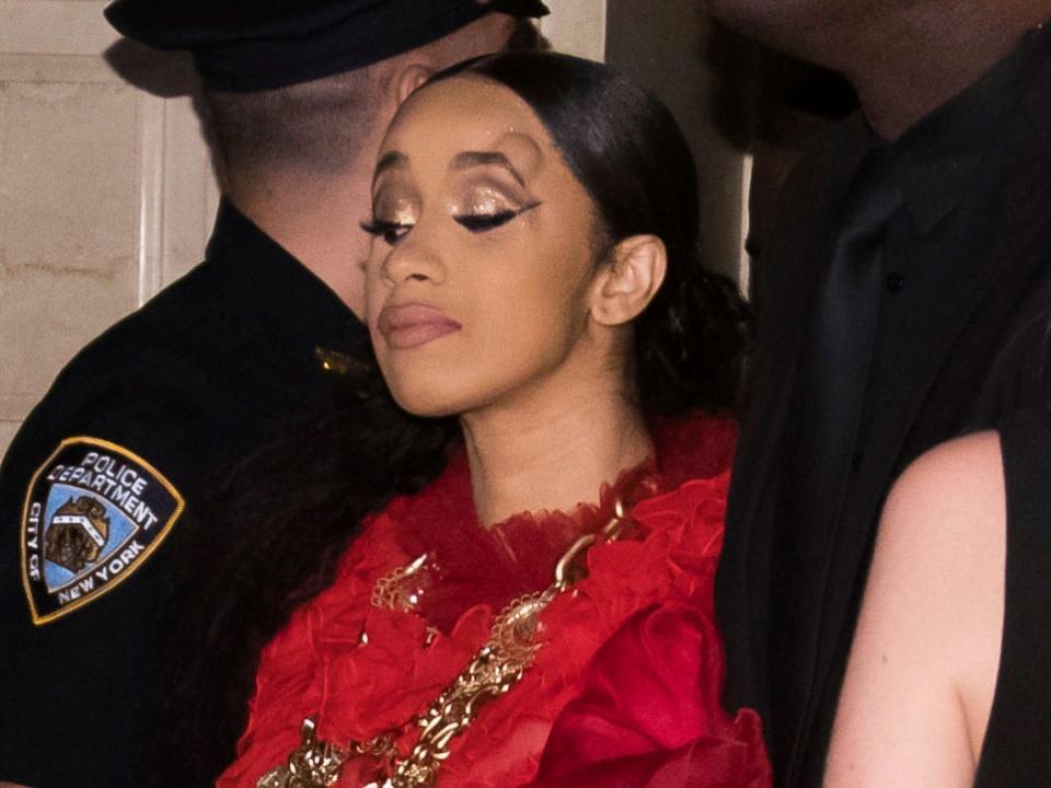 Cardi B left the New York Fashion Week party with a visible bump above her left eye.