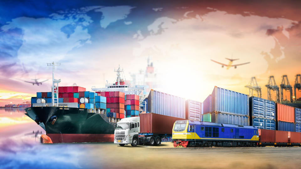 A container terminal, train, airplane, and 18-wheeler with a world map in the background