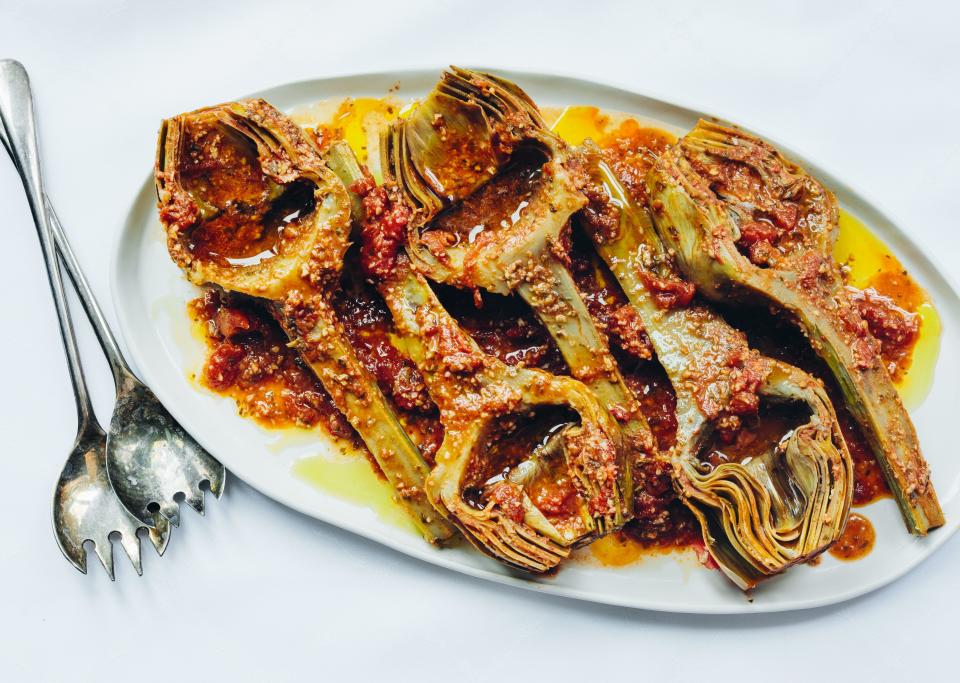 Braised Artichokes with Tomatoes and Mint