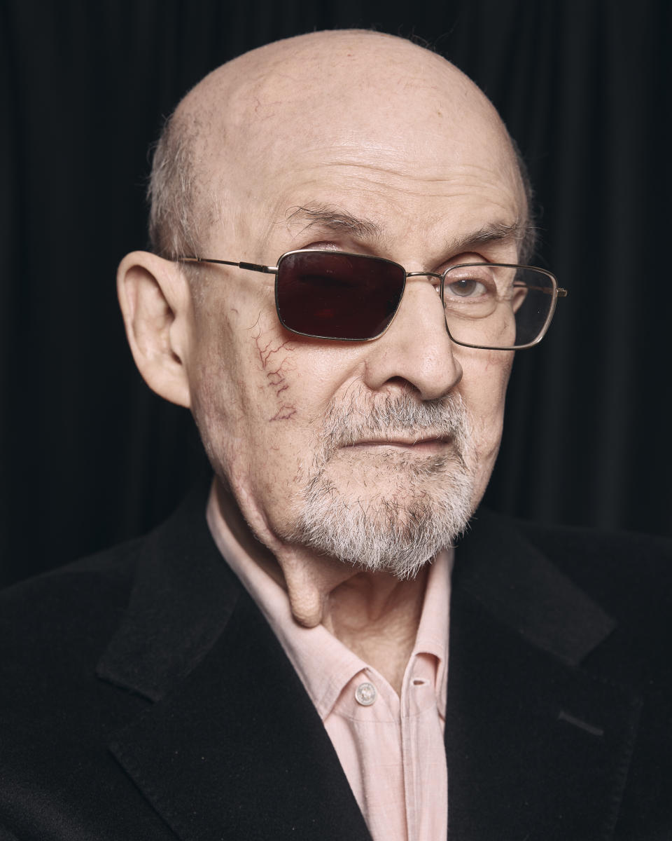 Salman Rushdie poses for a portrait to promote his book "Knife: Meditations After an Attempted Murder" on Thursday, April 18, 2024, in New York. (AP Photo/Andres Kudacki)