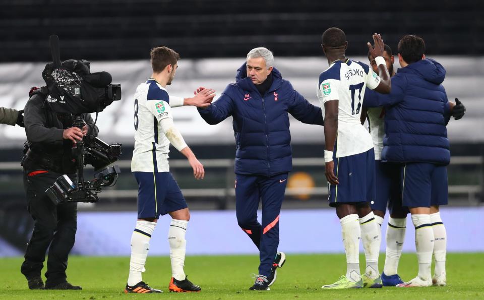 Jose Mourinho celebrates reaching the Carabao Cup final (EPA)