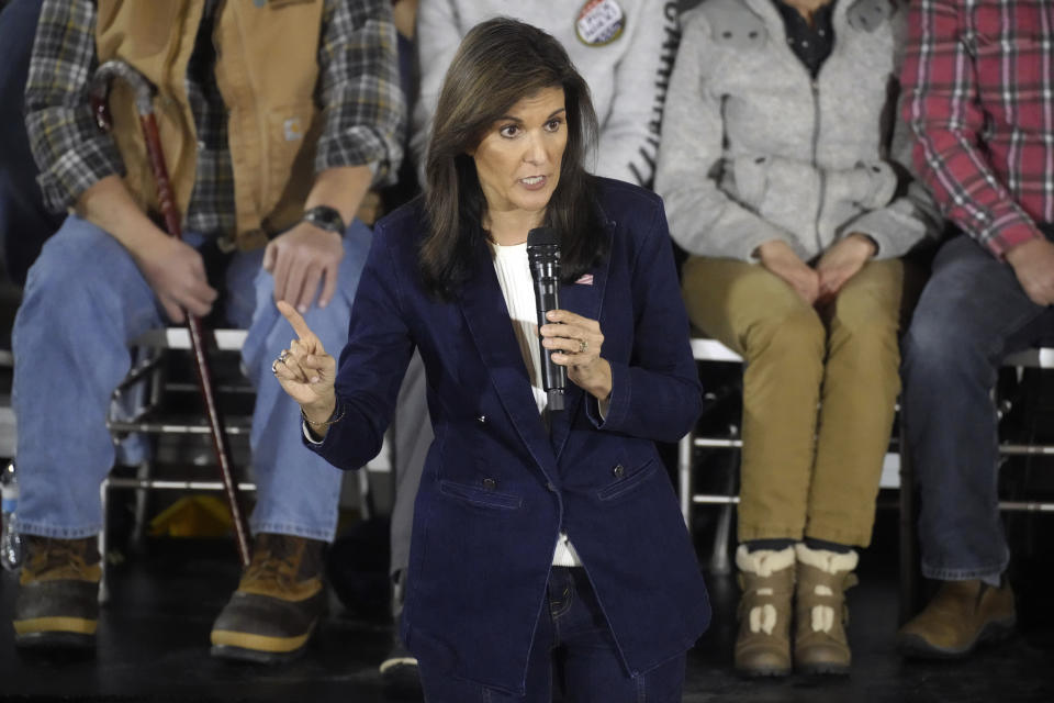 Republican presidential hopeful Nikki Haley speaks to a crowd as part of her closing argument to Iowans ahead of Monday's GOP presidential caucuses on Thursday, Jan. 11, 2024, in Cedar Rapids, Iowa. (AP Photo/Meg Kinnard)