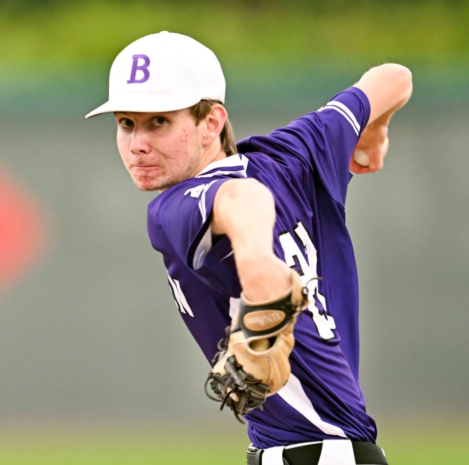 Bourne starter Ryan Sullivan winds up to deliver against Ayer Shirley in the Division 5 semifinal baseball game.
(Credit: Ron Schloerb/Cape Cod Times)