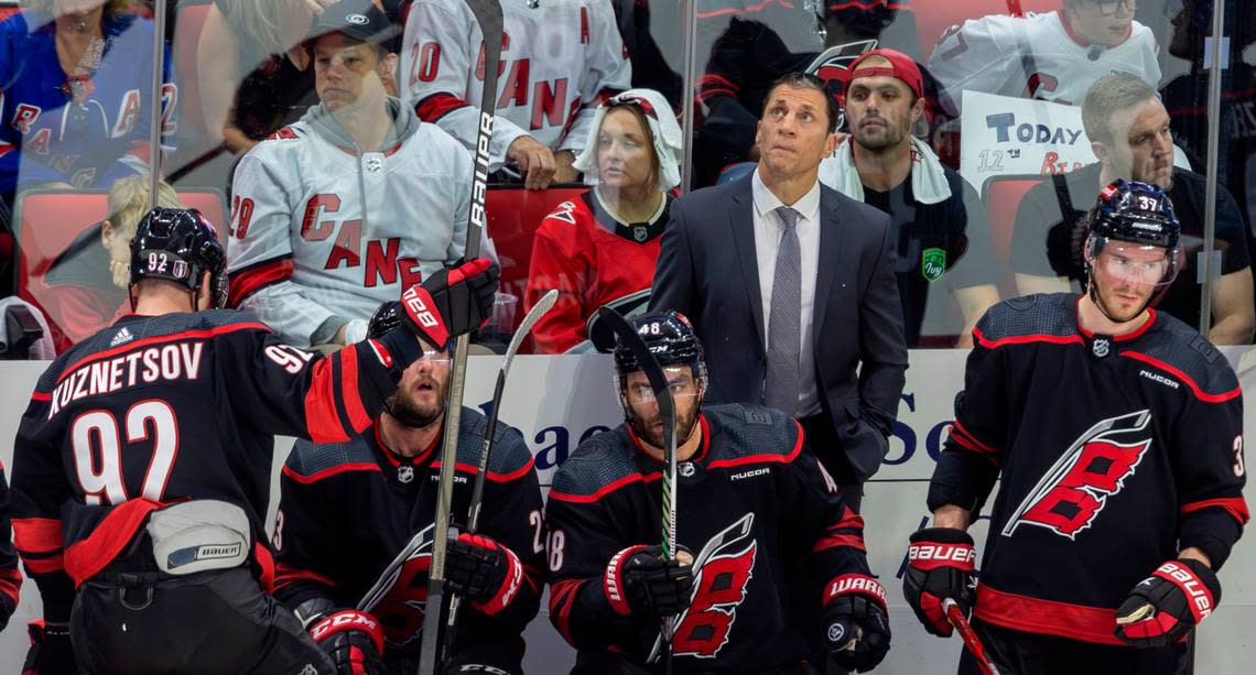Carolina Hurricanes coach Rod Brind’Amour checks a replay during the second period against the New York Rangers in Game 3 during the second round of the 2024 Stanley Cup playoffs on Thursday, May 9, 2024 at PNC Arena, in Raleigh N.C. Robert Willett/rwillett@newsobserver.com